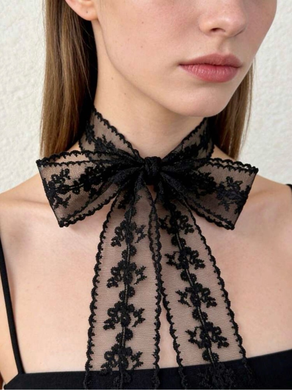 100% SILK Black Luxury Lace Ribbon Neck Scarf